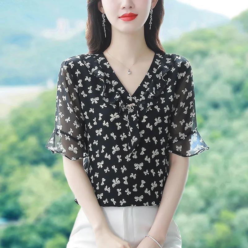 High-end Chiffon Shirt Fashionable Upscale Summer Loose Short-sleeved Top Elegant Dress Top