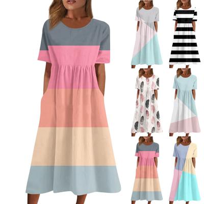 Women's Casual Dresses Printed Dresses Summer Dresses Printed Pleated O-Neck  Loose Dresses