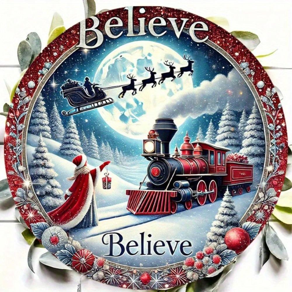Christmas Train Tin Metal Wall Sign Vintage Home Decor 8x8 Inch English Text Holiday Gift