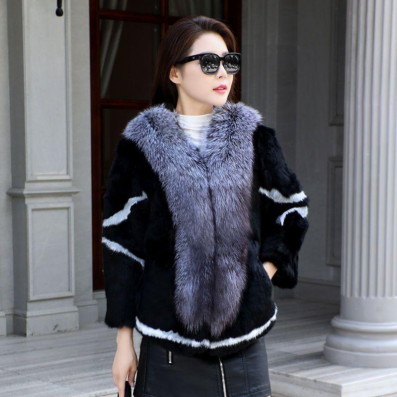 Women Winter 100% Real Rabbit Fur Coat With Silver Fox Fur Collar Natural Warm Rabbit Fur Jacket Female Quality Real Fur Coats