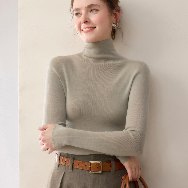 Damen Schlank Geschnitten Hoher Kragen Nahtlos Gestrickter Wollpullover - Langarm Basisschicht für Herbst und Winter
