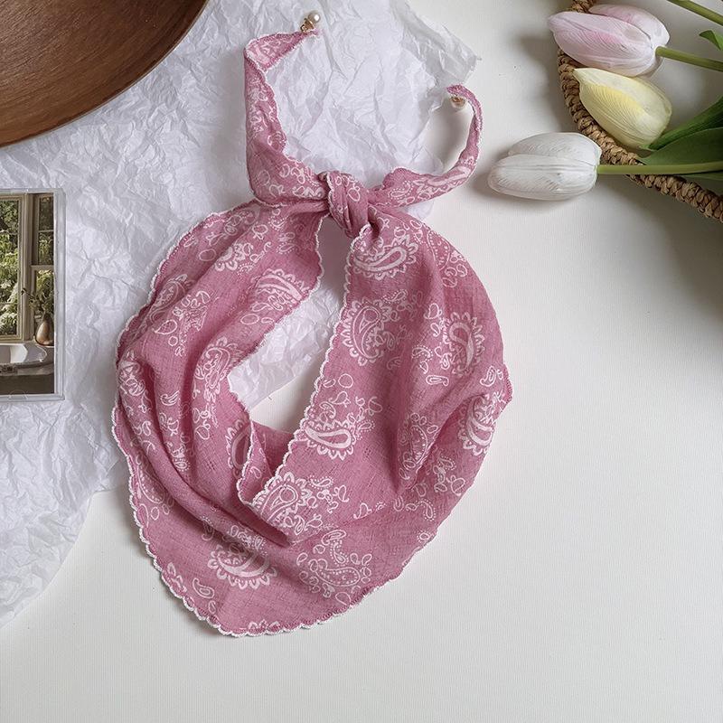 Triangle Scarf Scarf Female Retro Literary Floral Cotton and Linen Neck Protector Decorative Pearl Small Pendant Small Scarf Headband