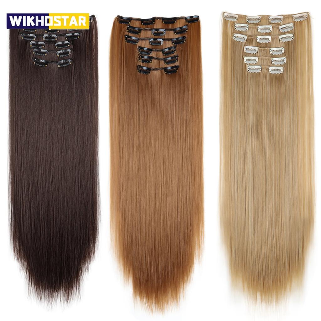Estensioni Capelli 24 Pollici 16 Clip Acconciatura Lunga Liscia Sintetiche Bionde Nere Extension Resistenti al Calore Capelli Finti Uso Quotidiano