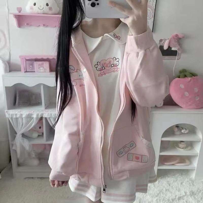 Schattige Konijnenoren Hoodie Dames Kawaii Konijn Print Sweatshirt Lente Herfst Y2K Kant Konijnenoor Capuchon Jas Roze Lolita Meisje Jas