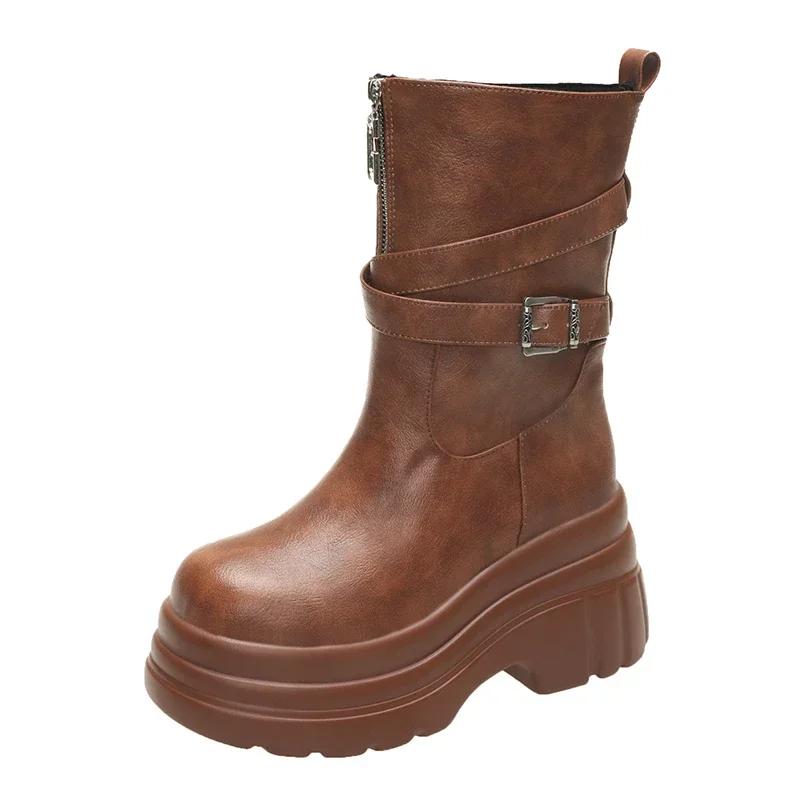 Fashion 9CM Platform Chunky Boots Women High Heels New 2024 Autumn Mid Calf Leather Sneakers Trend Winter Brown Motorcycle Boots Zapatos