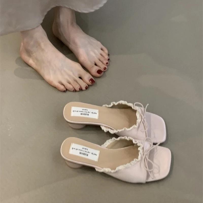 Fashion Women's Sweet Lace Open-toed Sandals Comfortable Low Square Head Sweet Butterfly-knot Peep Toe Slippers Heels Party Slide Shoes
