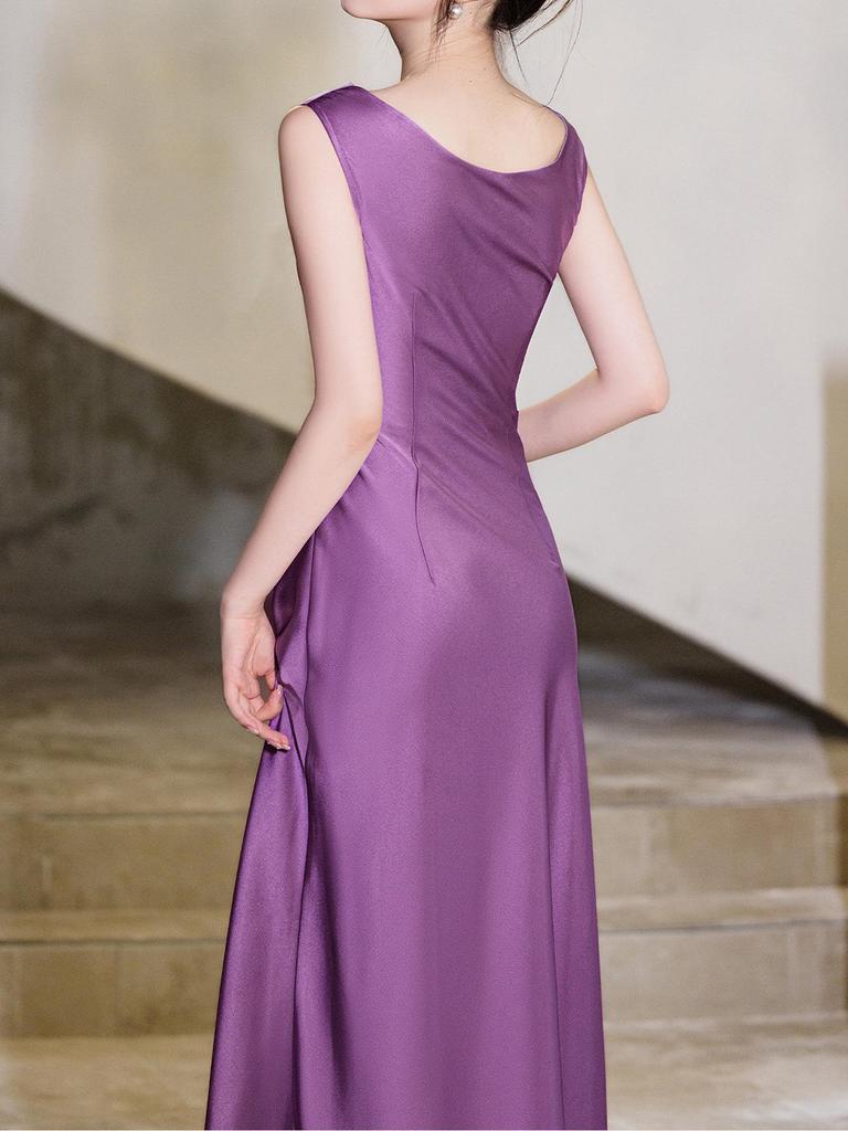 Haute Couture French Satin Draped Neck Resort Wedding Evening Gown for Women