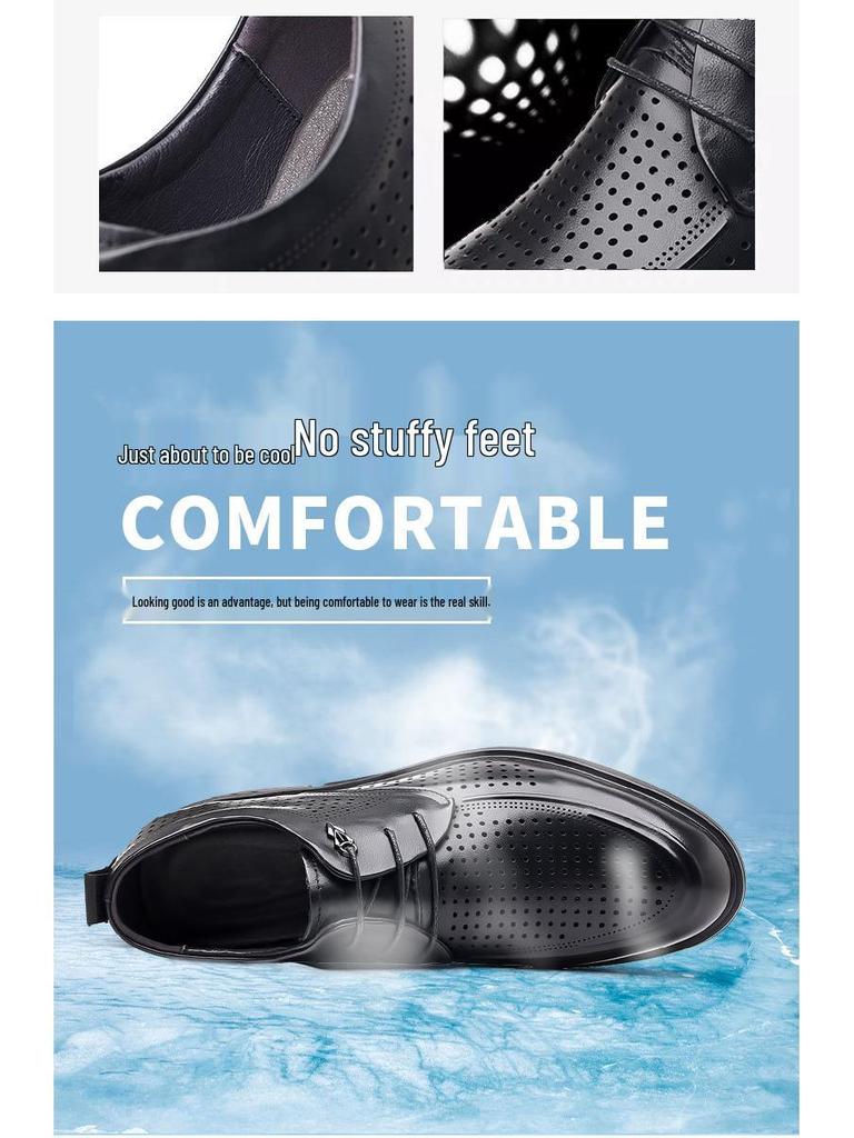 Men's Genuine Leather Breathable Formal Shoes – Top Layer Cowhide, Pointed Toe, Hollow Design, High-End Casual Style