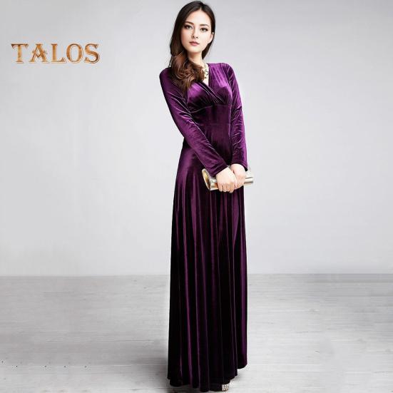 Abendkleid für Damen, goldener Samt, V-Ausschnitt, plissiert, A-Linie, reine Farbe, lange Ärmel, langes Kleid, hohe Taille, Abschlussball, Party, Maxikleid