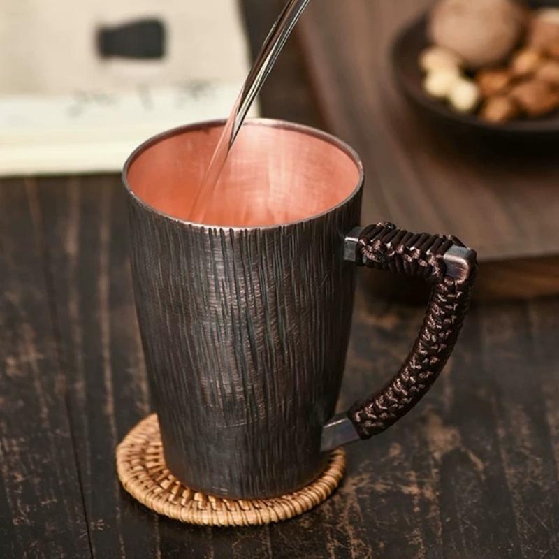 Reine Kupferfarbene Moscow Mule Kaffeetasse Baumstruktur Exquisit Vintage Verdickend Langlebig Wasser 450ml Becher Geflochtener Griff Teetasse
