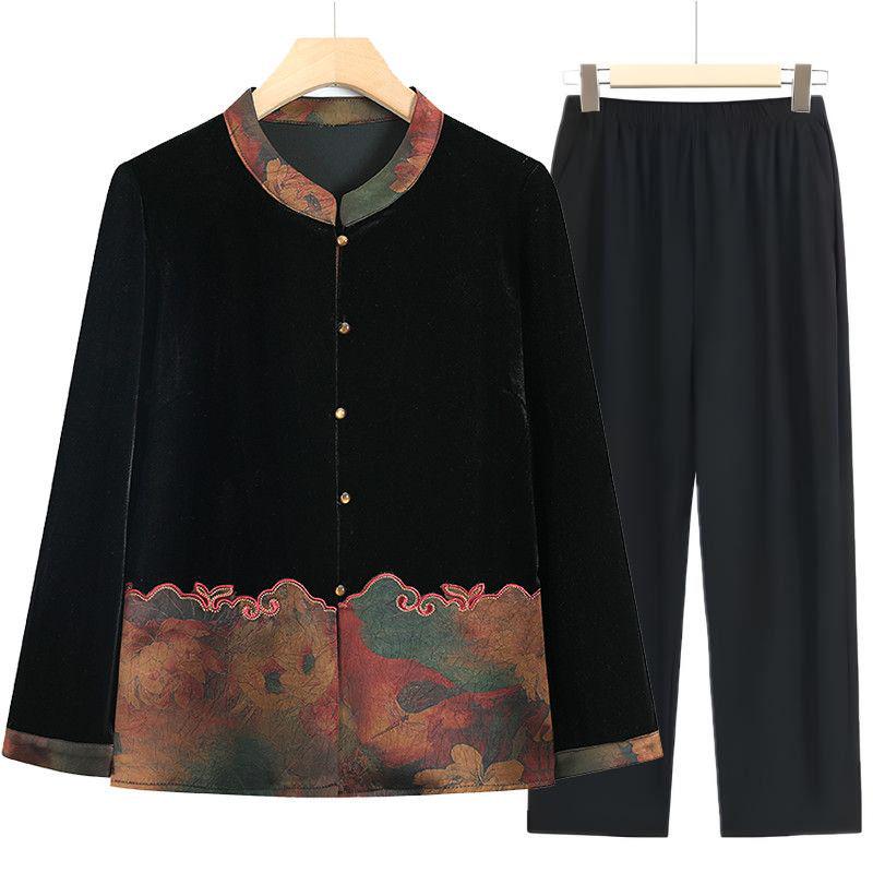 Women's Gold Velvet Long-Sleeve Shirt - Thick, Loose Fit for Middle-Aged & Elderly, Ideal for Spring & Autumn