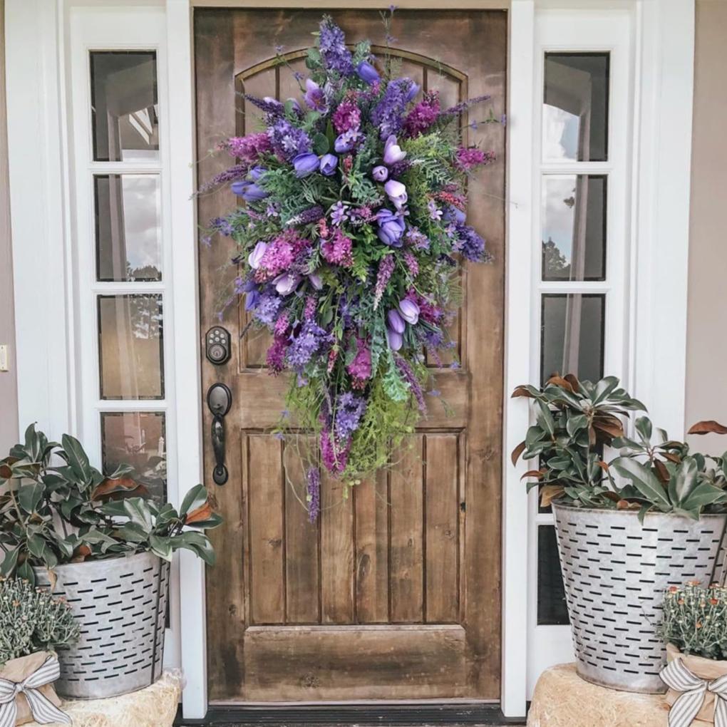 Lavender Tulips Teardrop Wreath Rustic Front Door Swag For Spring Spring Wreaths For Front Door