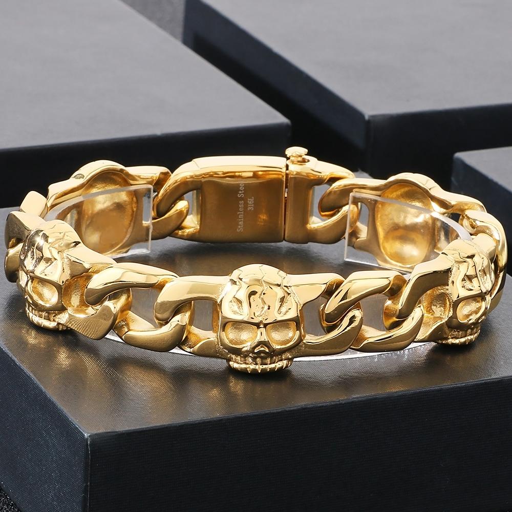 Punk Gothic Herrenarmbänder mit Totenkopf-Panzerkette, kubanische Kette, Herrenarmband für Männer, Edelstahl, Skelett-Schmuckzubehör