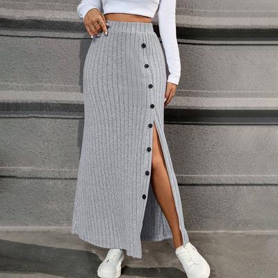 Women‘s Office Package Hip Skirt - Solid Color Pit Stripe High Waist Side Slit Button Down Midi Skirt for Work
