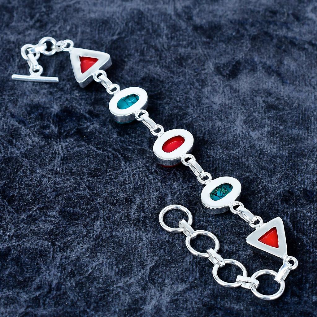 Italian Red Coral, Turquoise Gemstone 925 Sterling Silver Bracelet 7-8" MM-3490