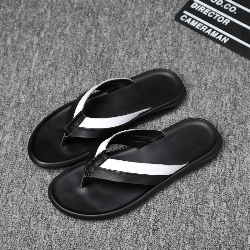 New Men'S Black Leather Flip Flops Thick Sole Non-Slip Casual Slides Summer Beach Comfortable Anti-Slip Walking Sandals For Men