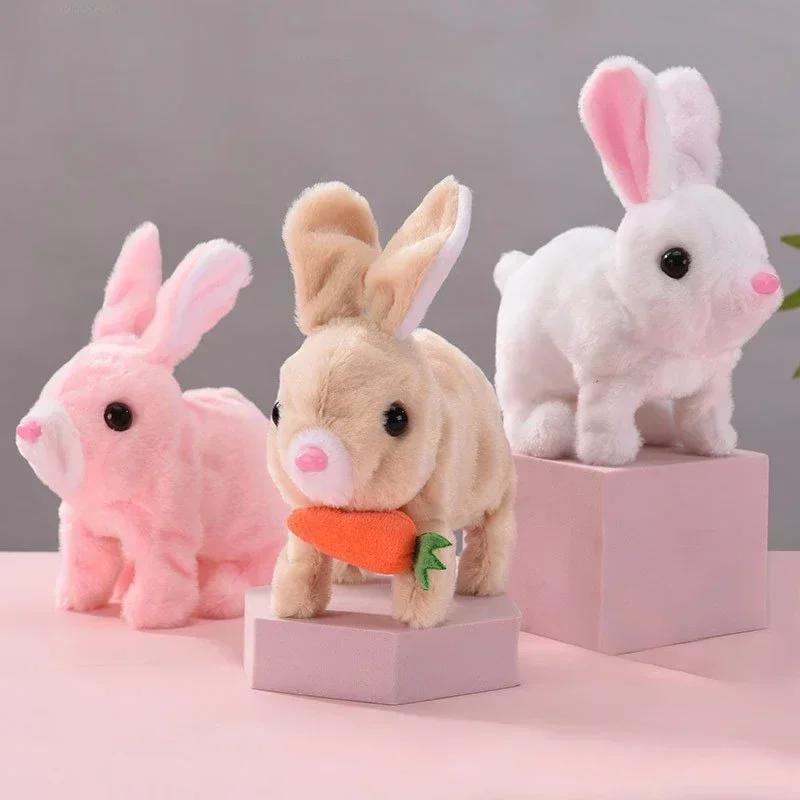 Cute Electric Rabbit Interactive Plush Toys Bunny With Carrot Walking Wiggle Ears Wag Tail Stuffed Peluche Doll Birthday Gifts