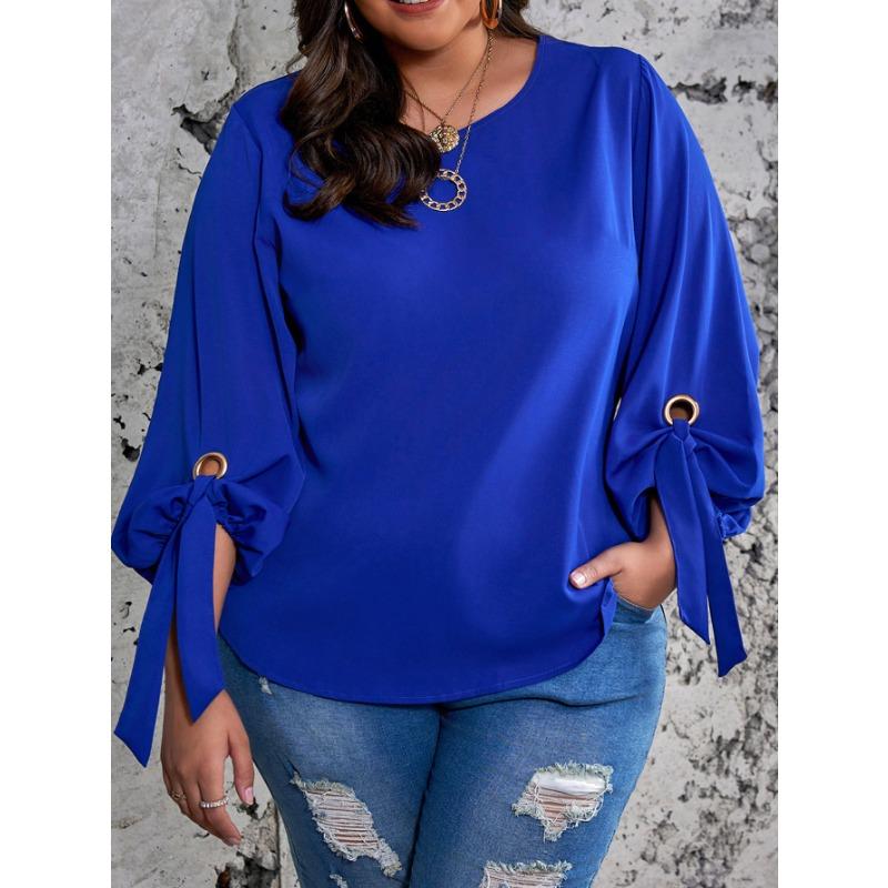 Plus Size Women S Lantern Sleeve Tie Shirt Loose Commute Top