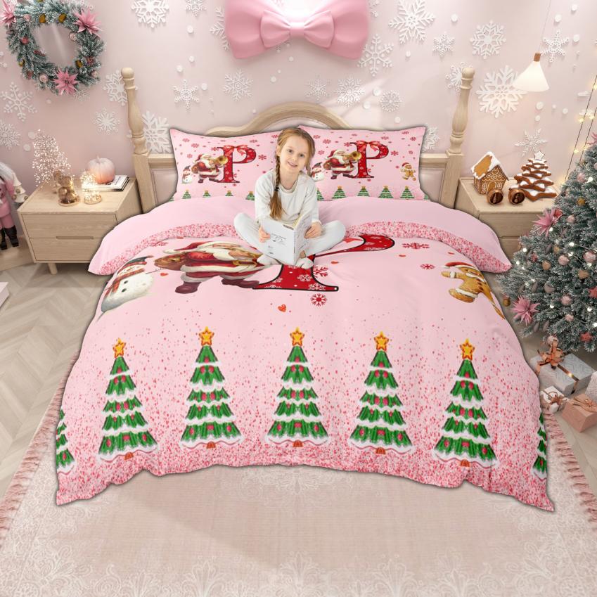 Homewish Xmas Monogrammed Duvet Cover Set For Boys Girls Christmas Santa Claus Bedding Set Girls Pink Snowflakes Quilt Cover