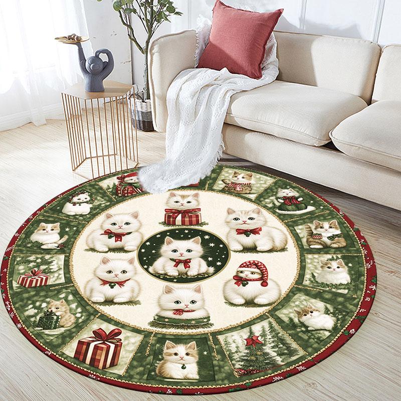 Christmas Kitten Pattern Round rug,Carpet Rug for Living Room Bedroom Playroom ,Non-slip Floor Mat,Holiday Gifts and Birthday Gifts.