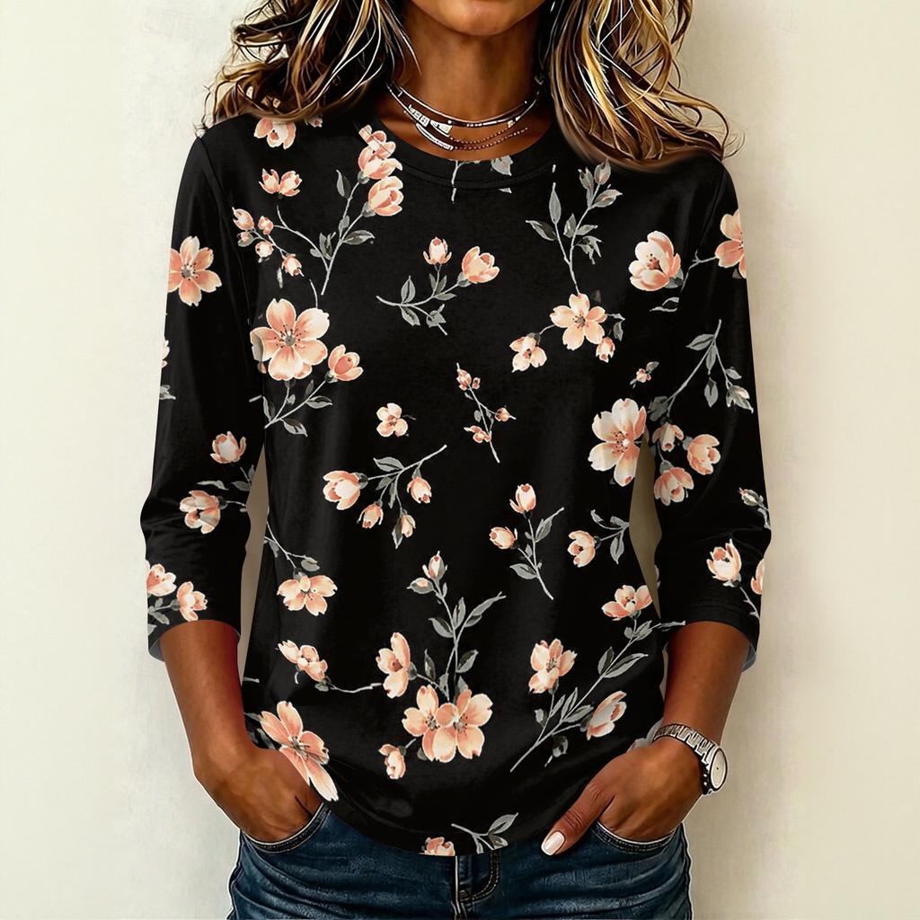 Camiseta Informal para Mujer con Cuello Redondo, Manga Tres Cuartos, Estampado Floral, para Uso Diario, Tejido Ligero y Suave, Diseño de Corte Holgado