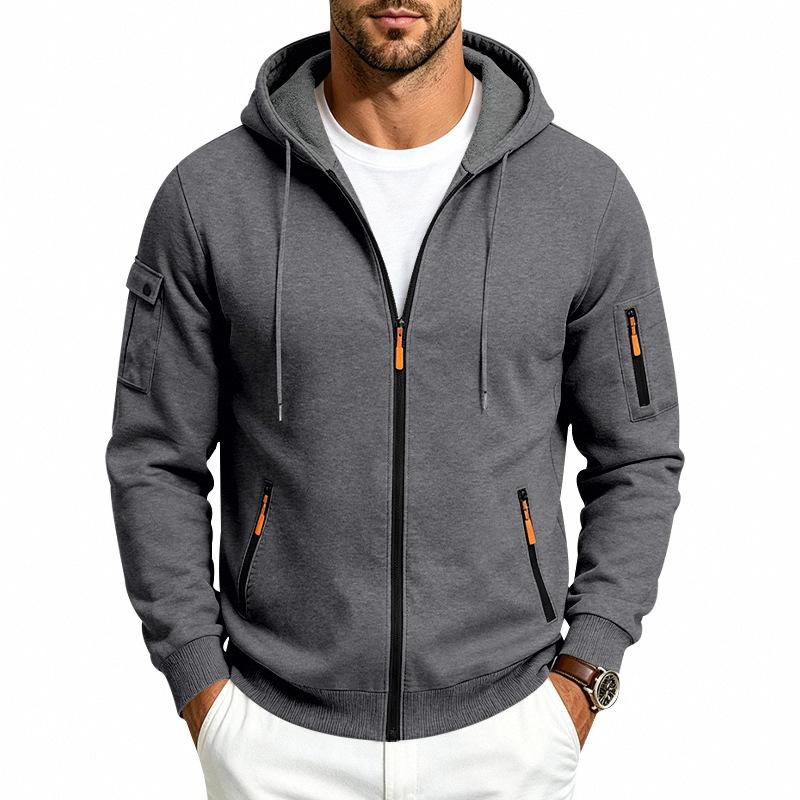Men's Solid Zip‑Up Hooded Sweatshirt Casual Drawstring Hoodie Jacket Long Sleeve Arm Pocket Sports Outerwear for Male