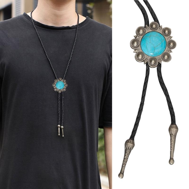 Turquoise Bolo Tie for Adult Unisex Vintage PU Leather Necktie Rope Necklace Jewelry Rodeos Tie Formal Event Collar Tie