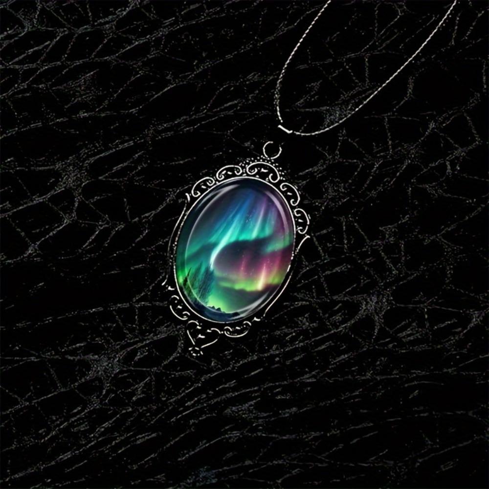 1-piece fashionable and elegant aurora landscape pattern black frame glass necklace romantic gift jewelry