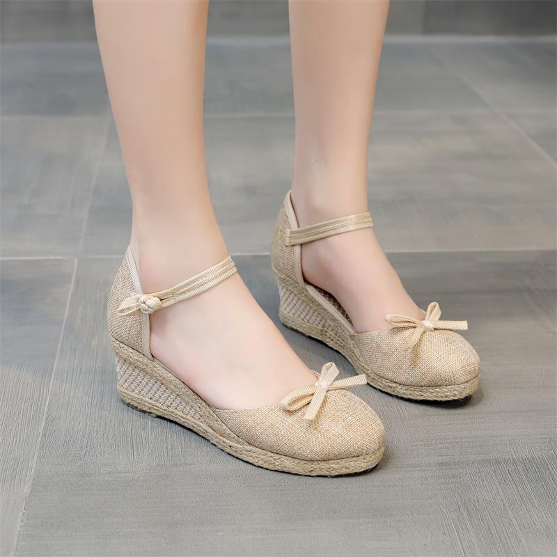 Women High Heel Wedge Sandals Breathable Slip-On Outdoor Linen Leisure Casual Summer Footwear