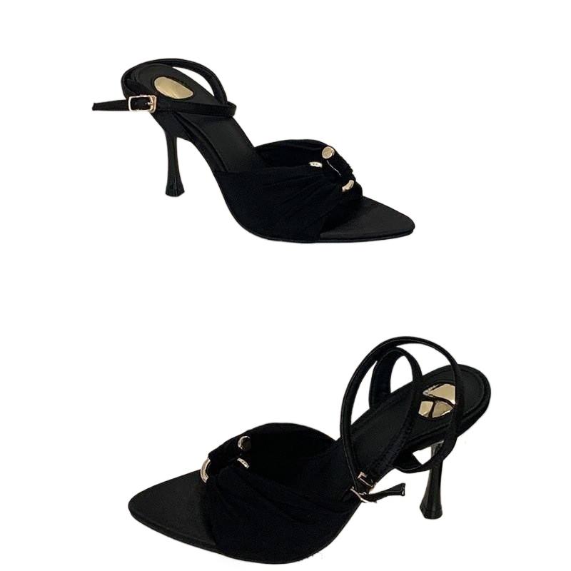 Fashion New Summer Luxury Pointed Toe Thin High Heels Fashion Pleated Metal Buckle Strap Women Sandals Banquet Party Female Mules Shoes