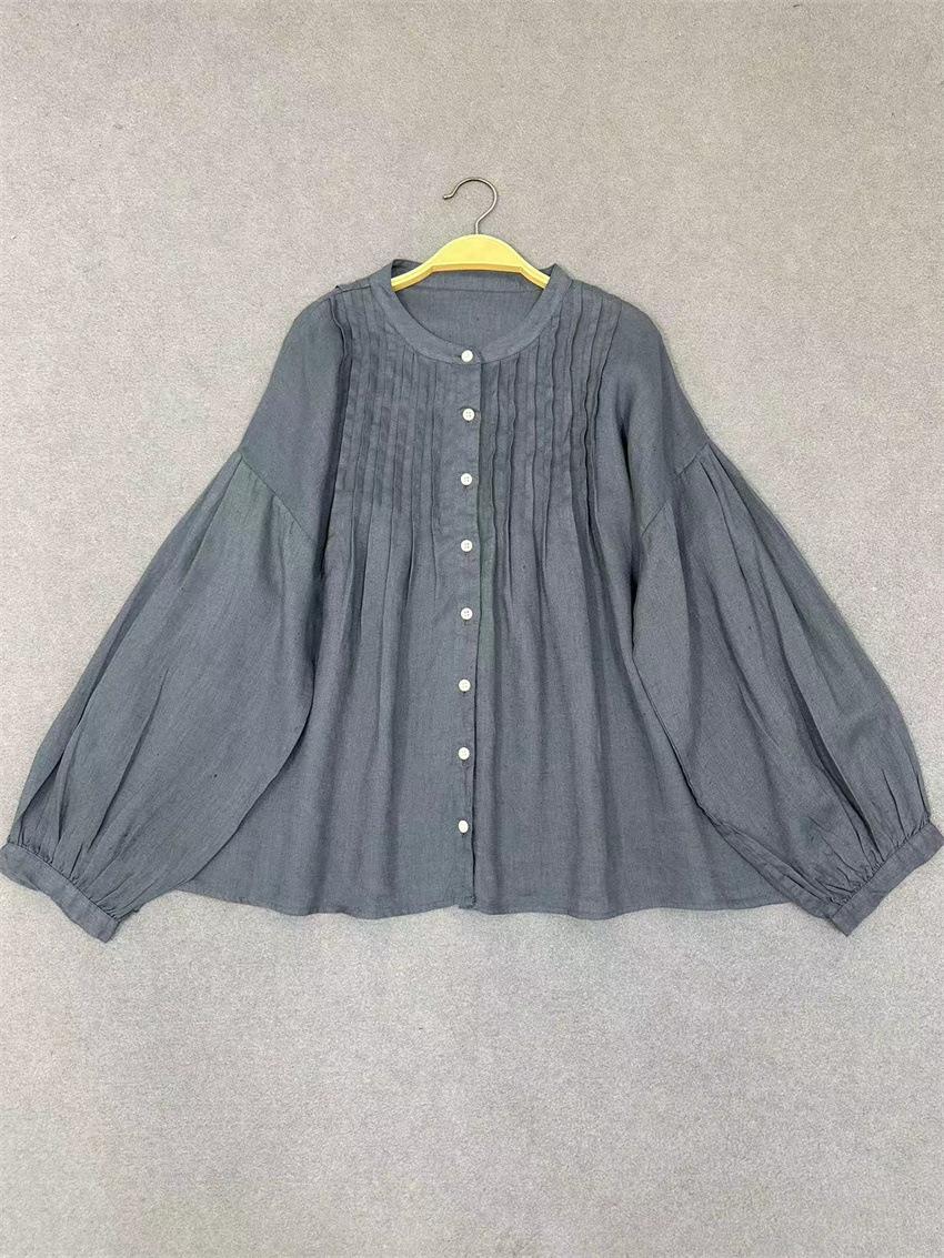 

Johnature Осенний женский японский топ с круглым вырезом, свободный кардиган с длинным рукавом, винтажный повседневный плиссированный топ One Size темно-синий