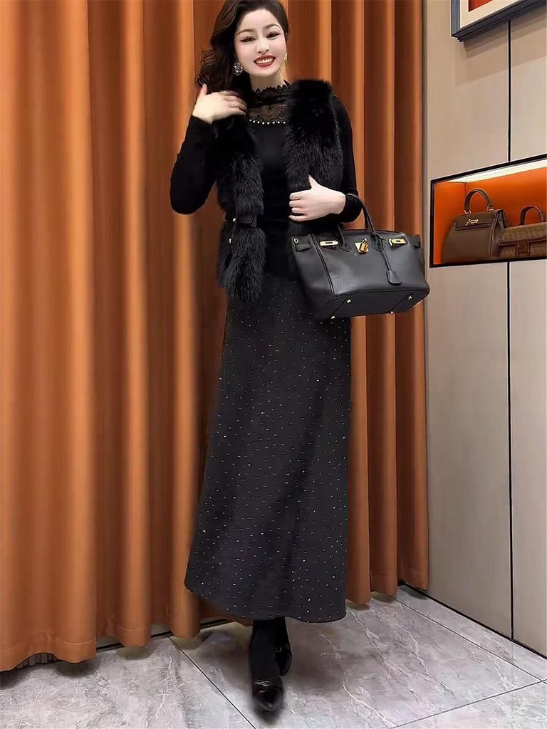 Premium Rhinestone High-Waisted A-Line Fishtail Skirt - Women's Autumn Winter Fashion