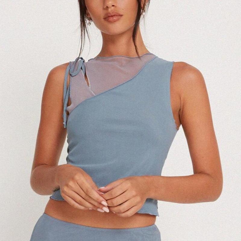 Women's Summer New Fashion Slim Sexy Sleeveless Fake Two Rope Mesh Short Top