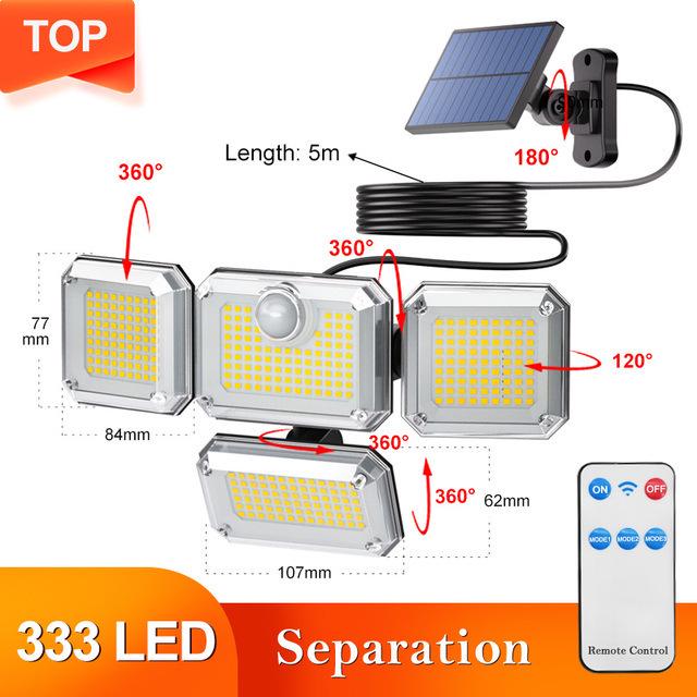 Lámpara de Pared Solar Giratoria de Triple Cabezal 138LED con Sensor de Movimiento para Iluminación Exterior, Jardín, Garaje y Calle