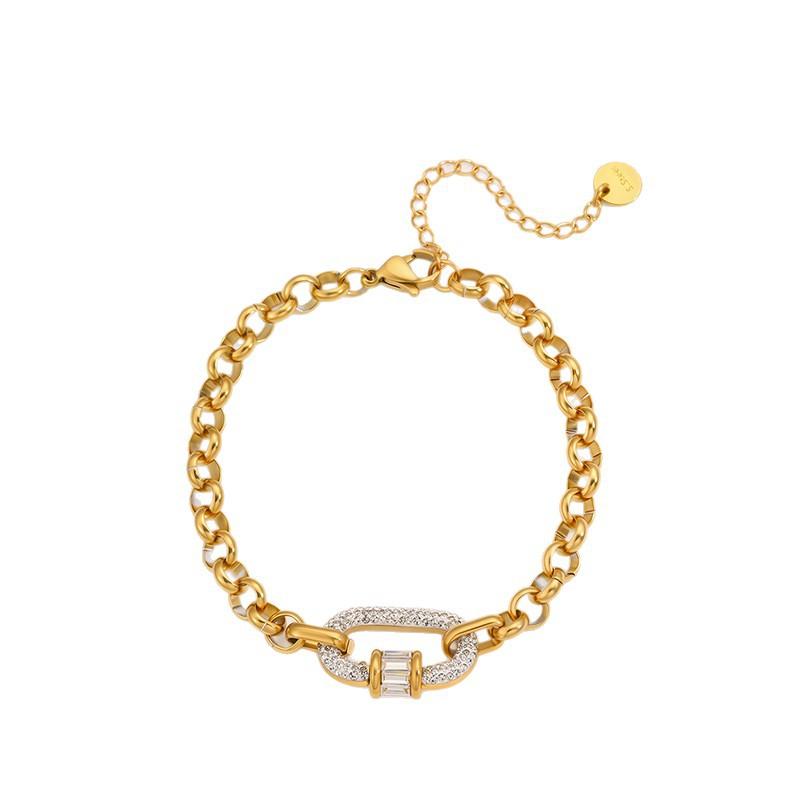 European American Trendy Light Luxury Zircon-studded Hollow Oval Stainless Steel 18K Gold-plated Chain & Link Bracelet for Women