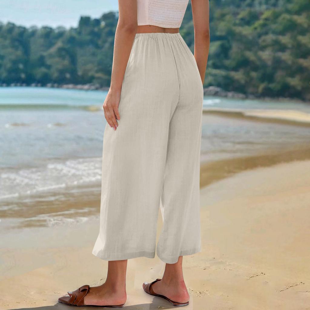 Capris Pants For Women Cotton Linen Casual Summer Straight Wide Leg Loose Drawstring Elastic Waist Cropped Trouser
