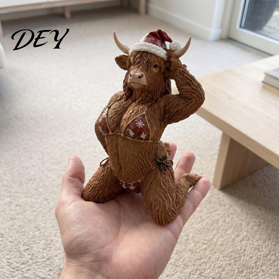 Festive Interior Decor Funny Christmas Highland Cow Figurine, Sexy Statue with Santa Hat Small Xmas Desk & Bikini, Creative Desktop Tabletop Ornament