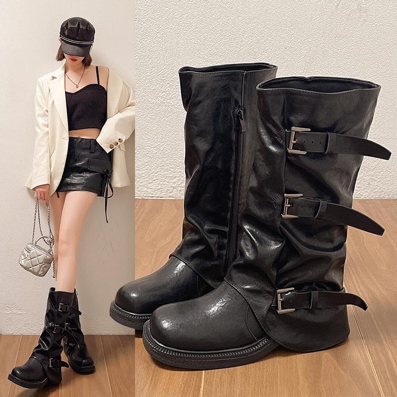 Fashion Retro Western Cowboy Boots Women's Mid-Calf Belt Bule Dirt Sle Faionable Casual Hollow out PU Leather round Toe Booties Shoes