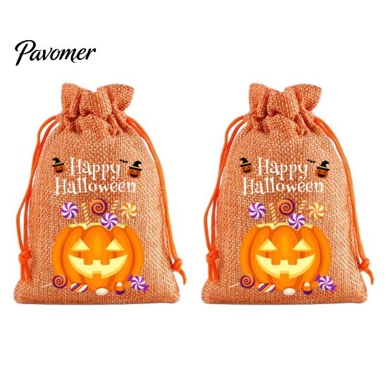 Trick or Treat Party Souvenirs 2Pcs Halloween Pumpkin Drawstring Bags for Candy Treats, Retro Burlap Rustic Linen Goodie Bags, Portable Kids