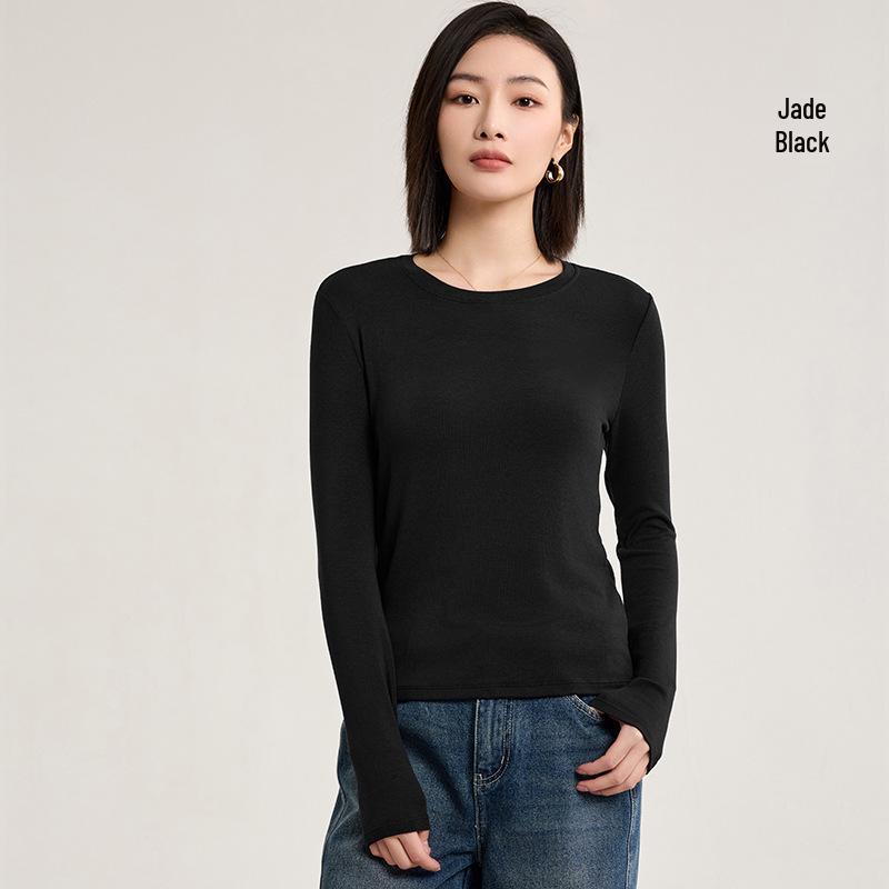 Tencel Wool Collar Base Shirt: Silk-Like, Light, Warm, Round Neck, Knitted Long Sleeve Top for Autumn/Winter Women.
