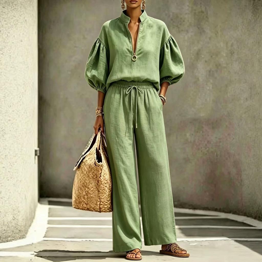 2026 summer new European and American cross-border women's clothing foreign trade casual loose solid color half zipper lantern sleeve women's suit