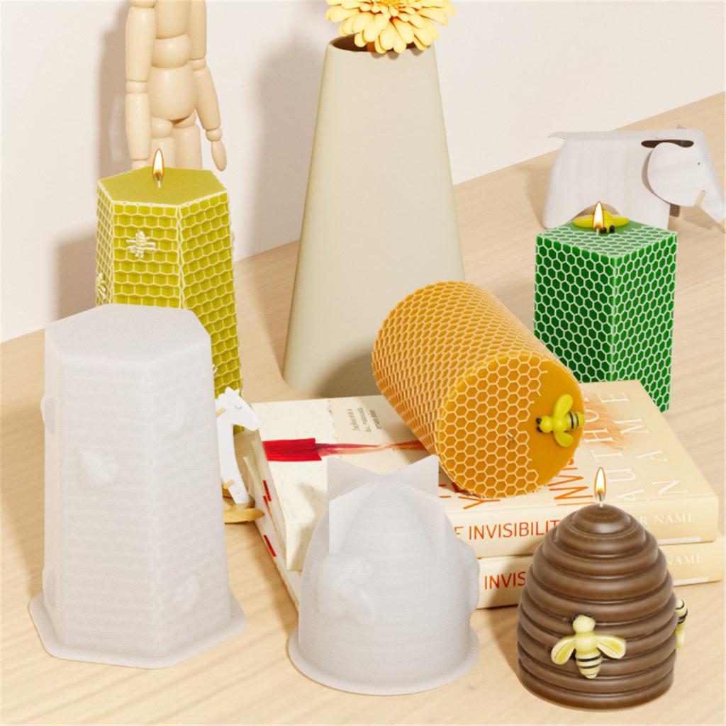 3D Bees Honeycomb Candle Silicone Molds Cake Fondant Mold Hexagon Beehives Resin Plaster Molds Handmade Soap Mould Decor