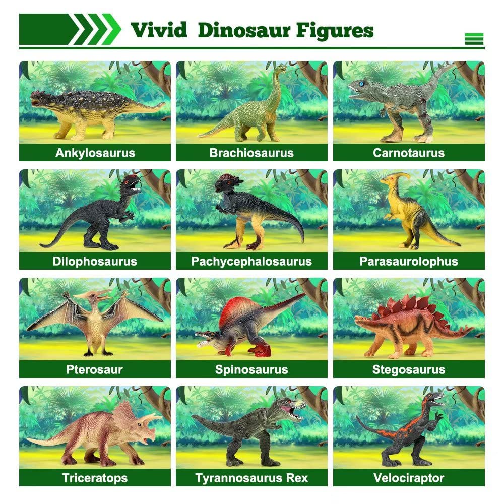 Dinosaur Toys, 12 Dinosaur Figures, T-Rex and Velociraptor, Dino Book Storage Box, Realistic Dinosaur Figures, Kids Toys, Boys and Girls, Birthday