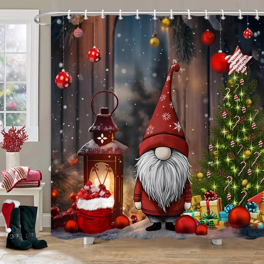 Christmas Snowman Shower Curtain Merry Santa Elf Deer Red Truck Polyester Fabric Printed Bath Curtains Bathroom Decor With Hoo