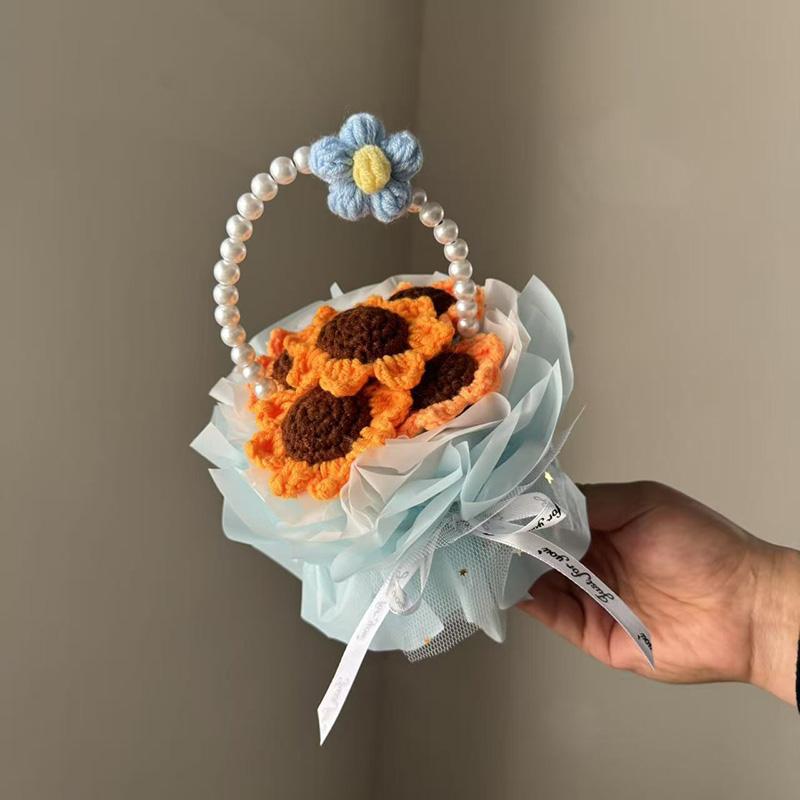 Mini Graduation Flower Bouquet Basket Artificial Knitted Flower Bouquet Valentine'S Day Gift Flower Basket Birthday Gifts