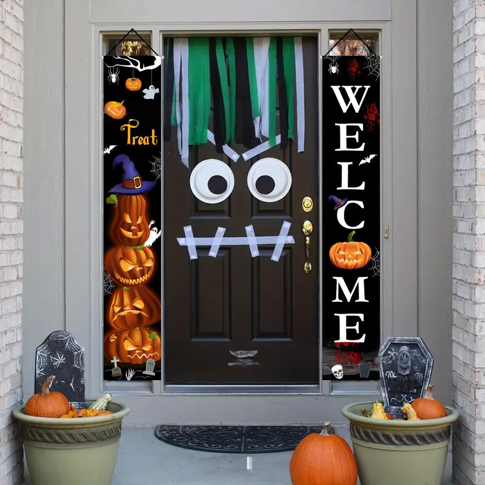 Spooky Festive Porch Sign Set Halloween Xmas Dual Door Curtain Gothic Banner Hanging Scary Merry Party Decor
