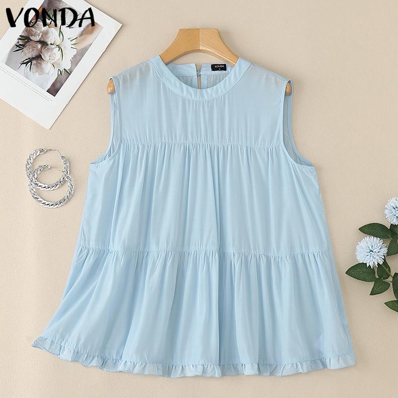 VONDA Summer Women Casual Round Neck Ruffled Loose Sleeveless Tank Tops