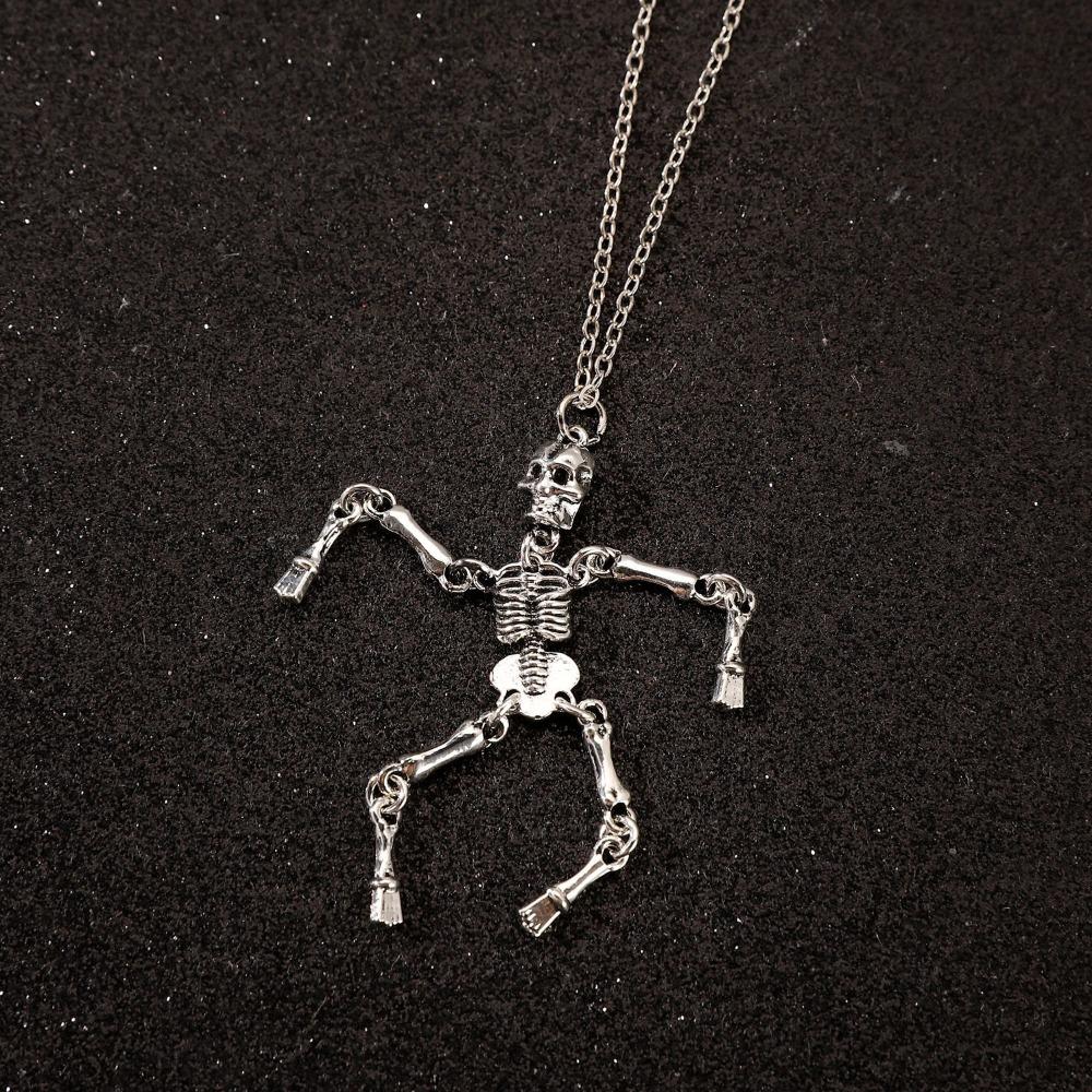 Dark Gothic Retro Sliver Color Skull Bat Wings Pendant Necklace for Women Men Hip-hop Long Sweater Chain Hallowmas Jewelry Gifts