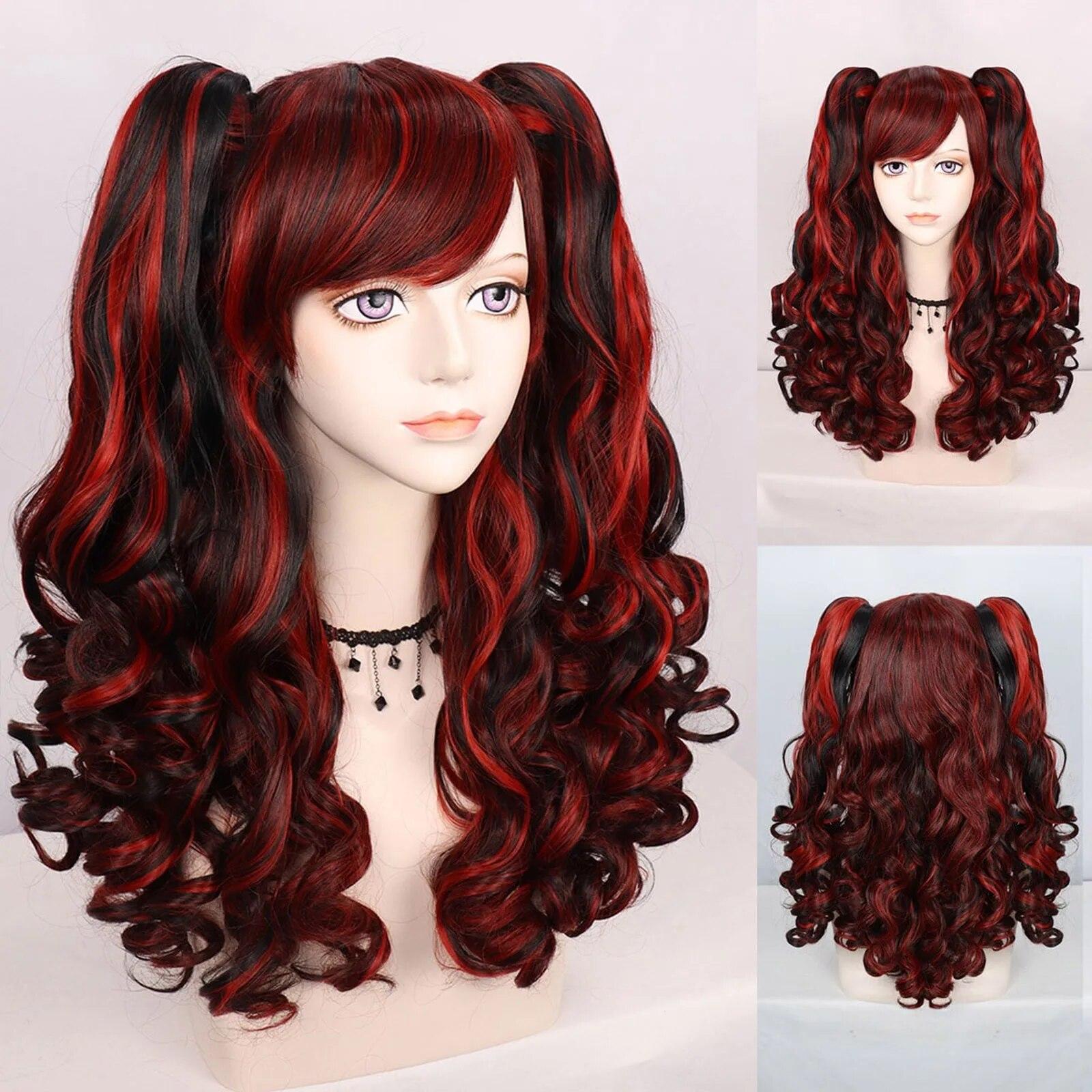 

Косплей парик с хвостиком Синтетический длинный цветной вьющийся парик для косплея Лолиты для девочек с двойными хвостиками и 1 шт. Кепка для парика 24inches