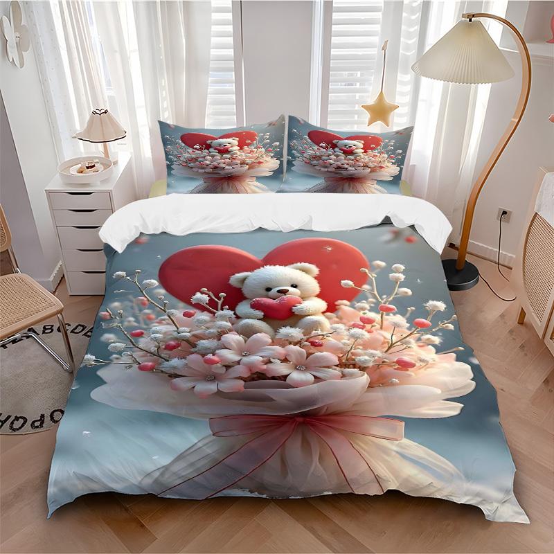 3pcs Anime Teddy Bear Heart Bouquet Bedding Set - Includes One Quilt Cover and Two Pillowcases (No Core) - Polyester Fabric, Perfect for Bed